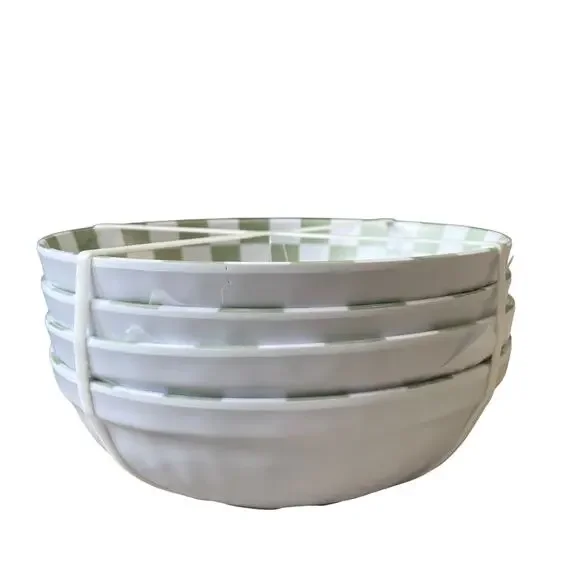 C&C CALIFORNIA HOME Checkered Sage Green White Melamine 8" Salad Bowl Set of 4